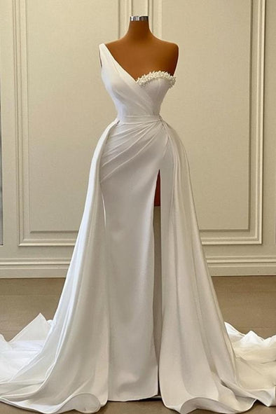 One Shoulder Long Mermaid Wedding Dress With Detachable Train