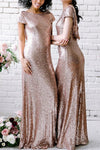 Rose Gold Sequins Long Bridesmaid Dress Backless