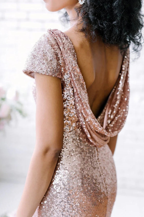 Rose Gold Sequins Long Bridesmaid Dress Backless