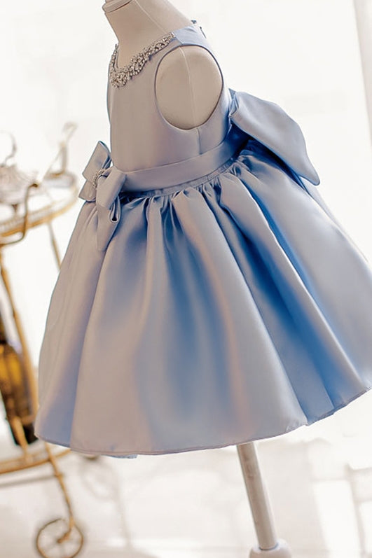 Sky Blue Satin Ball Gown Flower Girl Dress With Beads