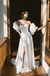 Sweetheart A Line Satin Wedding Dresses Detachable Puffy Short Sleeves DW829