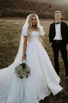 Princess Ball Gown Square Neck Puff Sleeves Satin Wedding Dress