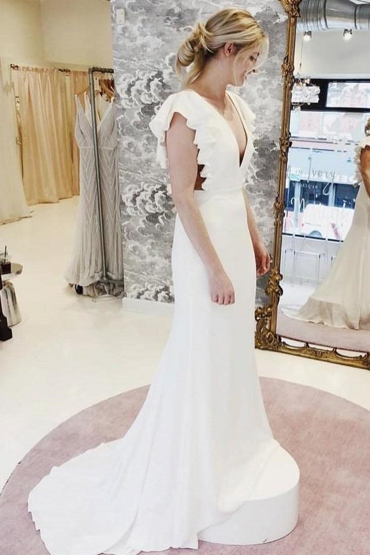 Mermaid V-Neck Cap Sleeves Backless Wedding Dress With Ruffles