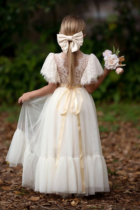 V Back Short Sleeves Lace Tulle Flower Girl Dress