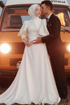 Satin Long Wedding Dress With Puffy Sleeves For Muslim