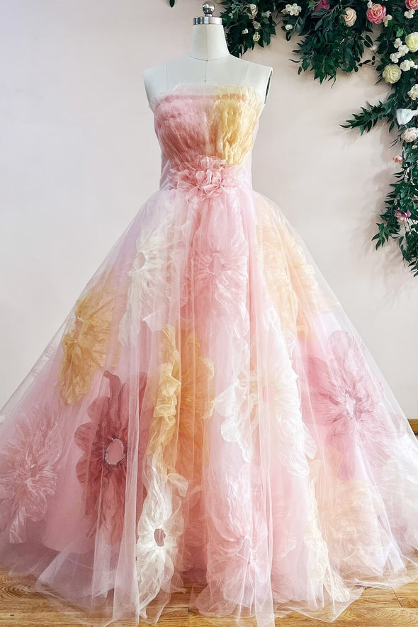 Unique Pink Ball Gown Prom Dress 3D Big Flower