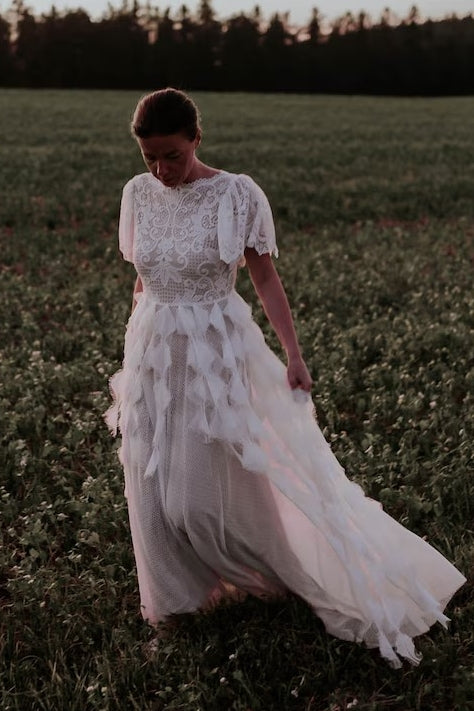 Lace Bohemian Long Wedding Dress V Back With Ruffles