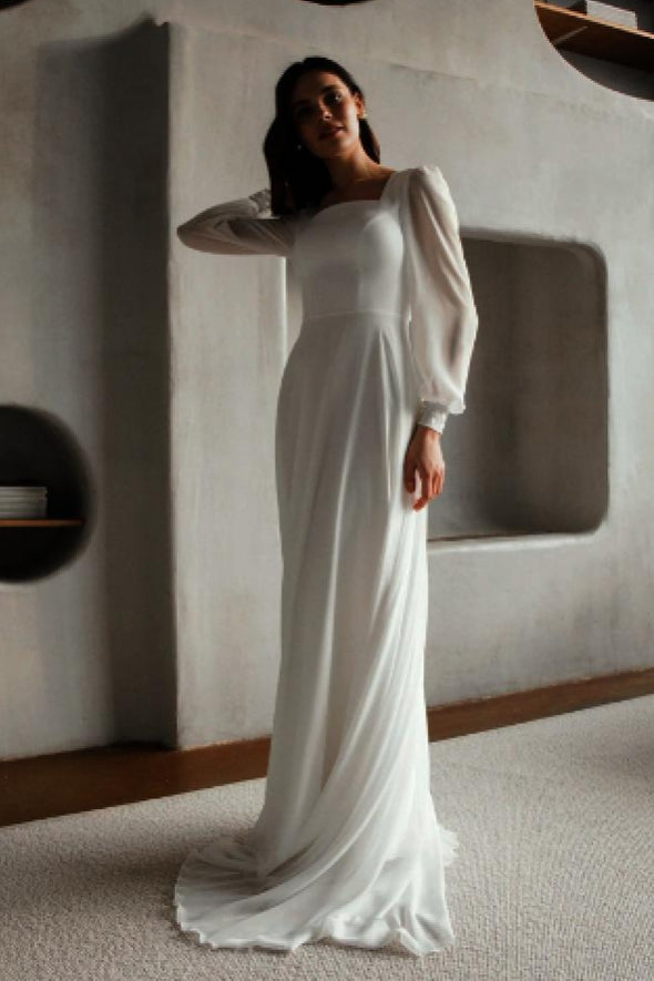 Bohemian Long Chiffon Wedding Dress With Sleeves