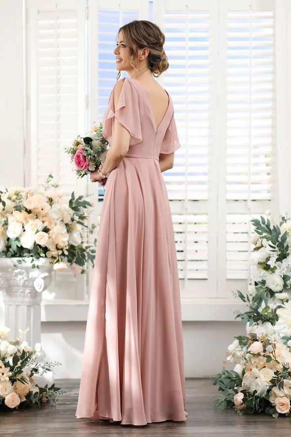 Dusty Pink Chiffon A Line Long Bridesmaid Gown Split