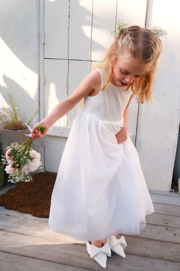 White Taffeta Tulle A Line Flower Girl Dress With Bow Back