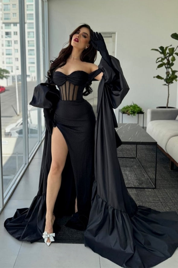 Modern Black Off-the-Shoulder Prom Dress With Cape