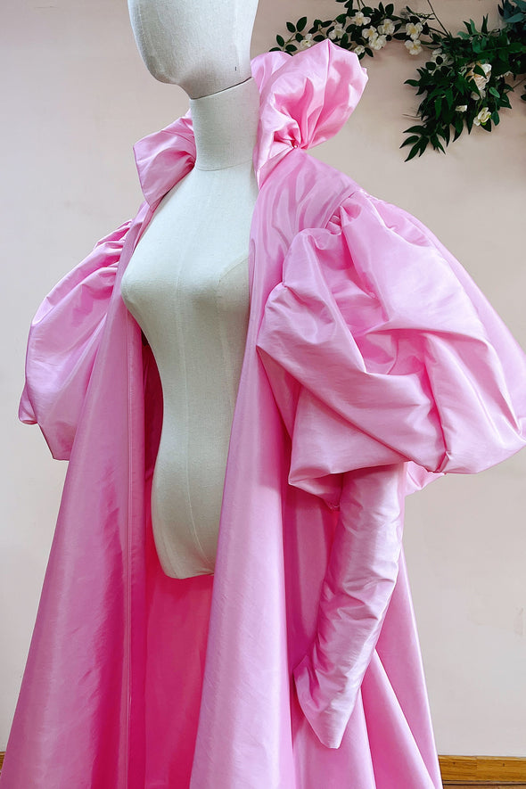 Pink Taffeta High Collar Long Women Fashion Evening Cape