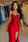 Red Spaghetti-Straps Prom Dress Mermaid Split Long With Sequins