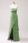 Spaghetti Strap A Line Sage Green Long Chiffon Bridesmaid Dress