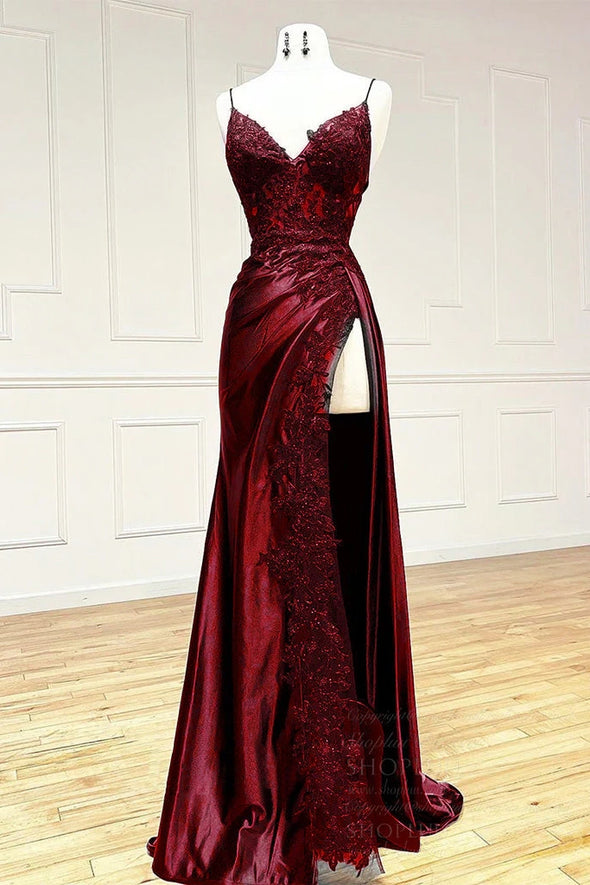 Burgundy Long Mermaid Evening Dress With Lace Appliques