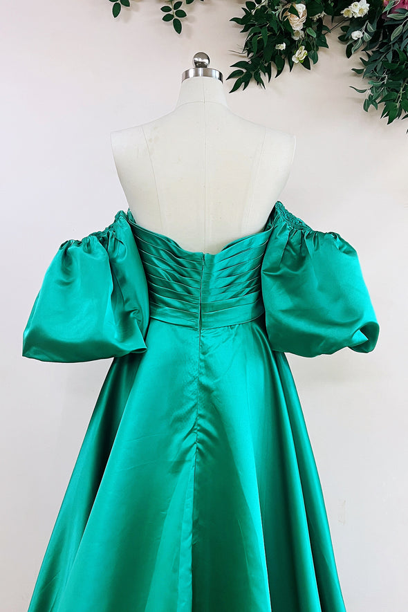 A Line Strapless Sage Green Satin Prom Dress With Detachable Sleeves