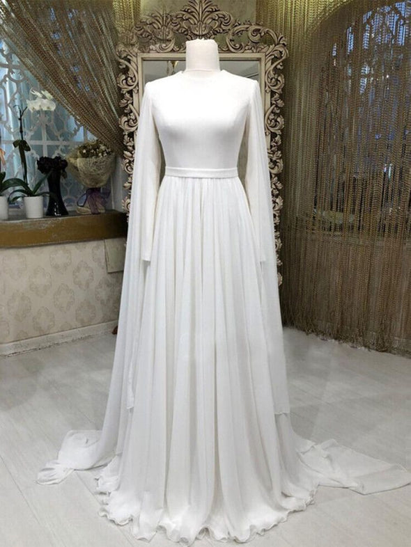 Long Sleeves Scoop Neck Chiffon A Line Wedding Dress