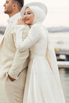 Muslim Simple A-line Wedding Dresses Satin Ribbon Draped Pleat