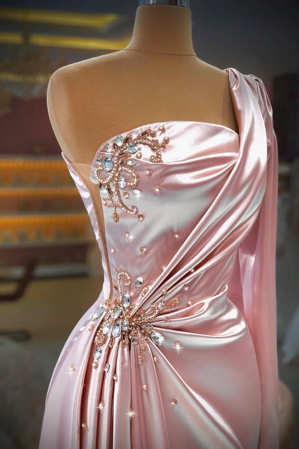 One Shoulder Long Pink Mermaid Evening Dress