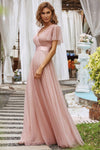 Modest Short Sleeves A Line Tulle Dusty Pink Bridesmaid Dress