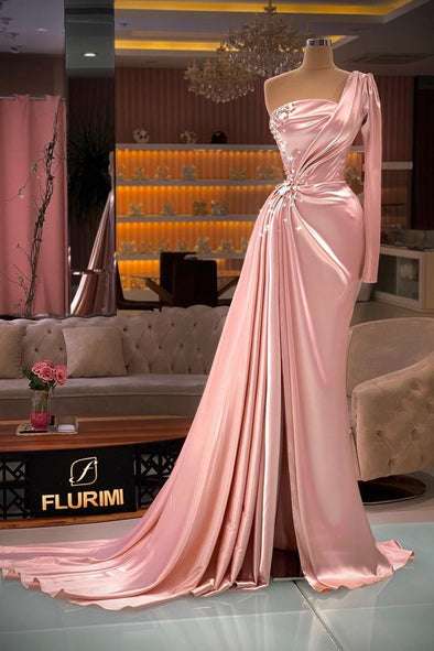 One Shoulder Long Pink Mermaid Evening Dress