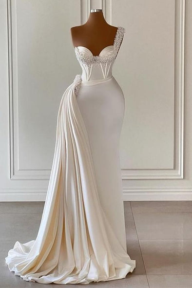 Luxury One Shoulder Long Mermaid Wedding Dress With Pearls