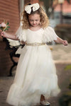 V Back Short Sleeves Lace Tulle Flower Girl Dress