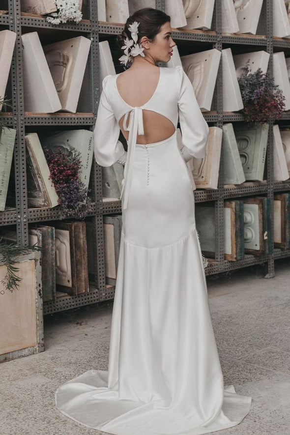 Simple Long Wedding Dress Open Back Mermaid Bride Dress