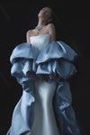 Light Blue Satin Long Cape With Puff Sleeve