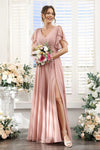 Dusty Pink Chiffon A Line Long Bridesmaid Gown Split