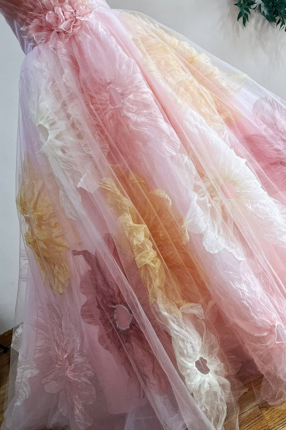 Unique Pink Ball Gown Prom Dress 3D Big Flower