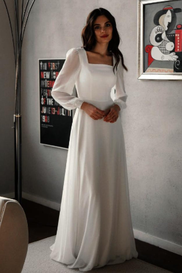 Bohemian Long Chiffon Wedding Dress With Sleeves