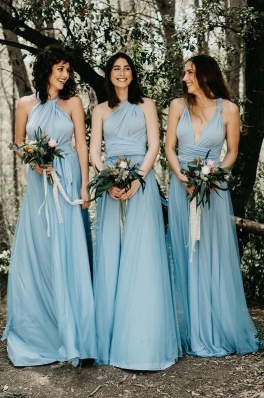 Fairy Long Modest Light Blue Bridesmaid Dresses