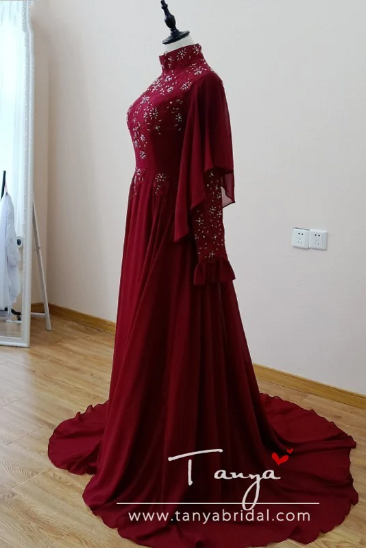 Chiffon Burgundy Elegant Arabic Muslim Wedding Dresses Dqg923 Tanya