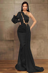 Charming One Shoulder Long Sleeves Mermaid Prom Dress with Beads