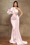 Charming One Shoulder Long Sleeves Mermaid Prom Dress with Beads