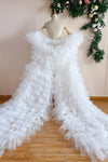 White Tiered Tulle Winter Long Wedding Cape Outfit