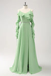 A Line Light Green Long Chiffon Bridesmaid Dress With Ruffles