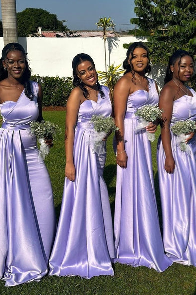 One Shoulder Lilac Soft  Long Bridesmaid Dress Sweetheart