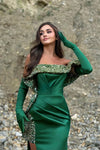 Green Off-the-Shoulder Mermaid Prom Dress With Split Beadings