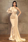 Charming One Shoulder Long Sleeves Mermaid Prom Dress with Beads