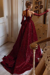 Luxurious Gorgeous Burgundy Split Sequins Prom Dress