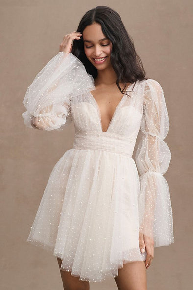 Dot Tulle Pearls Short Homecoming Dress With Detachable Train