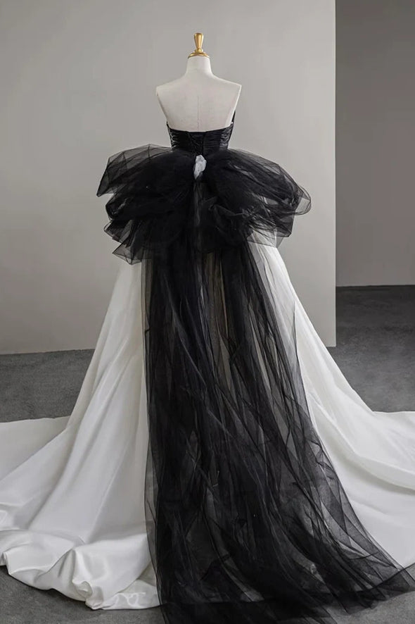 A-Line V Neck Satin Tulle White/Black Long Wedding Dress