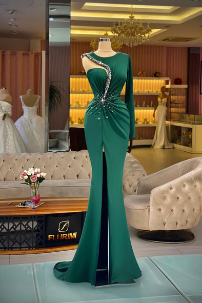 One Shoulder Green Long Evening Dress