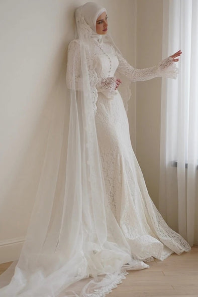 Romantic Lace Muslim Wedding Dress Mermaid Bridal Gown