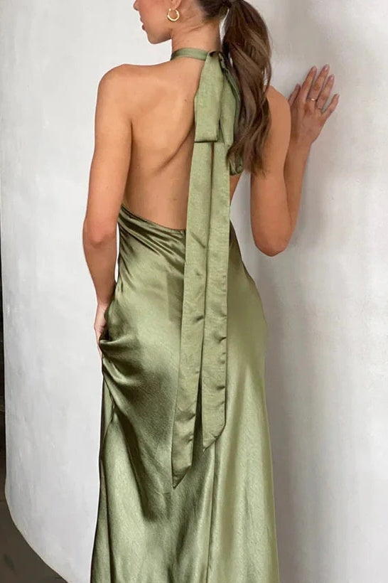 Military Green Short Bridesmaid Dress Halter Neck