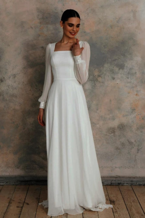 Bohemian Long Chiffon Wedding Dress With Sleeves