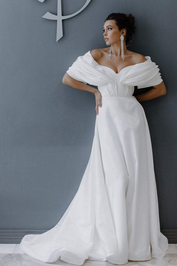 Charming Off The Shoulder Pleat Sweetheart Satin A Line Wedding Dresses