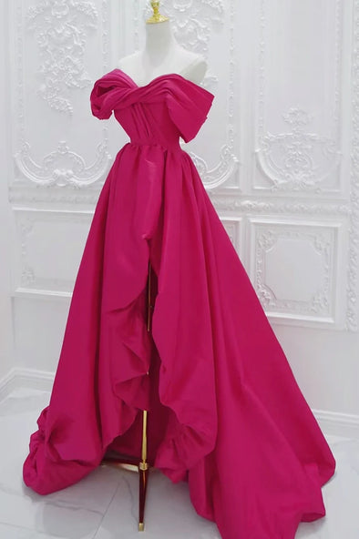 Off The Shoulder Fuchsia Satin Long Prom Gown